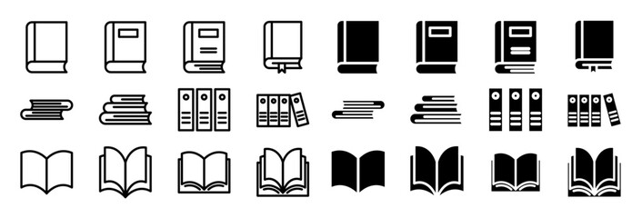 Books icon set. library textbook vector symbol. open and closed school study books icon. education magazine pictogram 