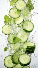 Sliced ​​Cucumber on White Background, Abstract Image, Texture, Pattern Background, Wallpaper, Cover and Screen of Smartphone, Cell Phone, Computer, Laptop, 9:16 and 16:9 Format