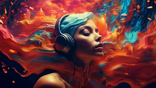 Woman, immersed in an auditory music. Surrounding her, a vibrant explosion of colors swirls, creating a mesmerizing backdrop that embodies the essence of music and creativity