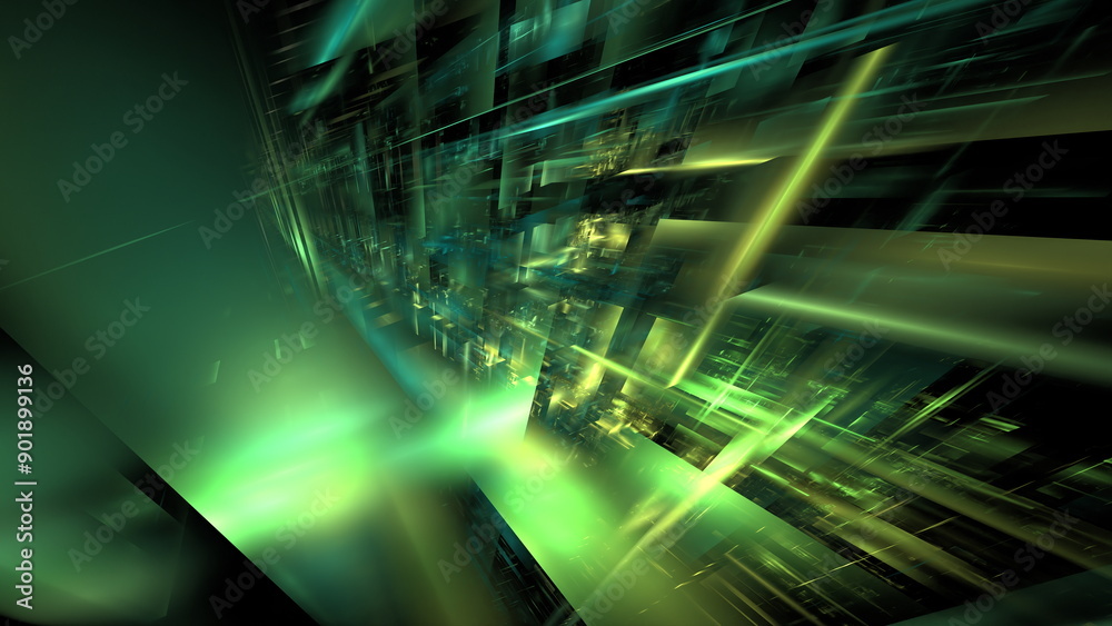 Poster dynamic colors and lines converge, creating an abstract representation of technology and modernity i