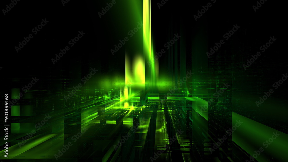 Fototapete Vibrant green light waves travel through a dark digital space, creating an intricate and abstract visual experience with layered patterns. 3d render