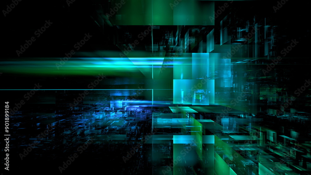 Fototapete Captivating arrangement of geometric shapes in various shades of green and blue, creating a dynamic visual effect against a dark backdrop, evoking a sense of modern digital art. 3d render