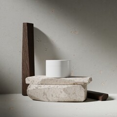 Serene arrangement of textured stones and a minimalist vessel creates a tranquil atmosphere, showcasing harmony in form and material within a modern interior space. 3d render