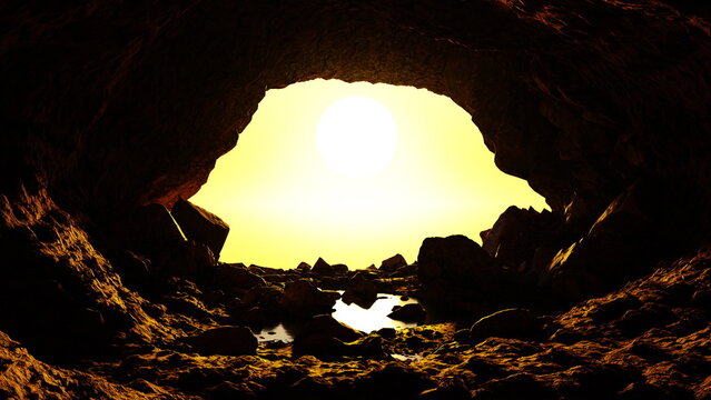 Bright, golden sunset shines through the entrance of a dark cave, illuminating rocky formations on the beach below. 3d render - Powered by Adobe