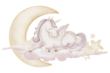 Unicorn on cloud with stars and rainbow watercolor illustration. Drawing of cute little Horse with horn and wing for Baby greeting cards or childish birthday invitation. Pony Pegasus for girls nursery