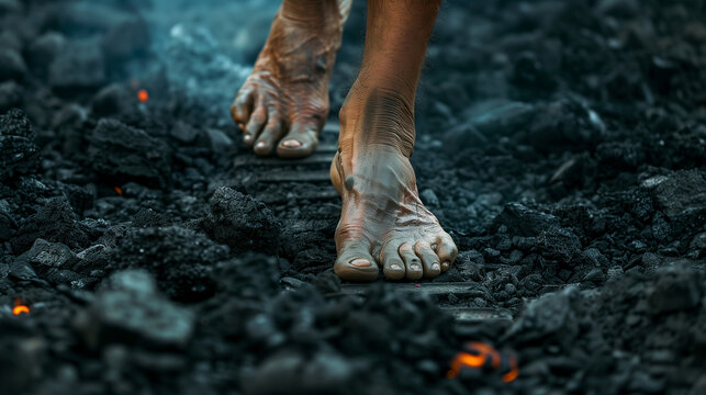 Dirty Barefoot Feet Walking On Burnt Coal, After Fire Is Gone, Smoke And Dark Background. Extreme Challenge, Intense Heat, Mind-Over-Matter.
