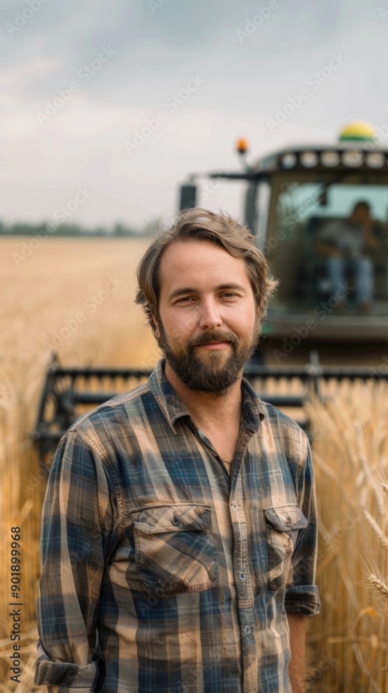 Aufkleber a man with a beard and a plaid shirt stands in a field next to a tractor