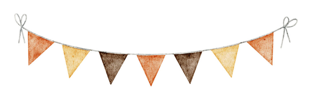 Watercolor Pennant in Autumn Colors for Harvest Festival Decorations and Invitations. Drawing of triangle Garland Banner for Halloween or Octoberfest celebration. Fall string for holiday party.