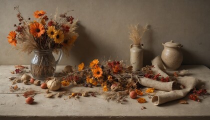 Rustic autumn still life featuring vibrant flowers and harvest decor in a sunlit room