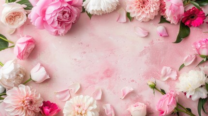 A vibrant display of pink flowers is arranged on a delicate pink surface, with scattered petals adding an elegant touch to the composition