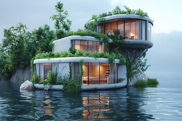 A house is built on a rock in the middle of a lake