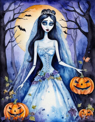 niji style, a gorgeous day of the dead girl, steampunk city, halloween theme, jack-o'-lanterns, halloween festival, warm colors and lighting, sharp focus, hypered detailed, bat, pumpkin, spider web