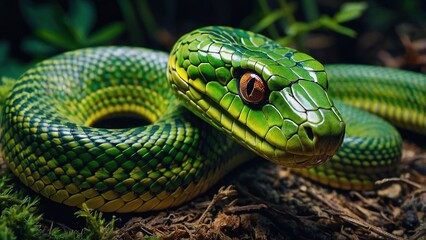 Obraz premium Green Snake Slithering Along a Tree Log Surrounded by Lush Vegetation in a Rainforest Setting