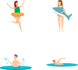 Set of cheerful cartoon characters swimming, playing, and relaxing in water activities