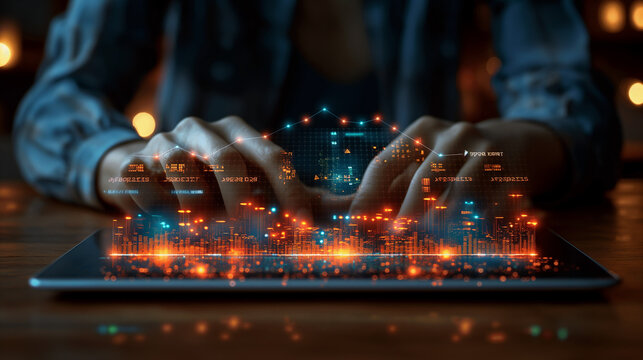 A collection of close-up images featuring hands working on laptops, in a financial technology environment.