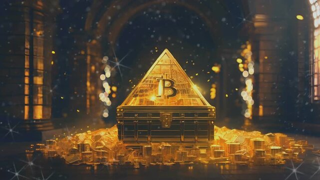 illustration of a gold treasure chest, with gold forming a pyramid with a bitcoin logo icon and a pile of bitcoin coins in a castle room, 