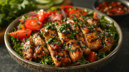 Fototapeta premium Bowl of fresh fried chicken with tomatoes
