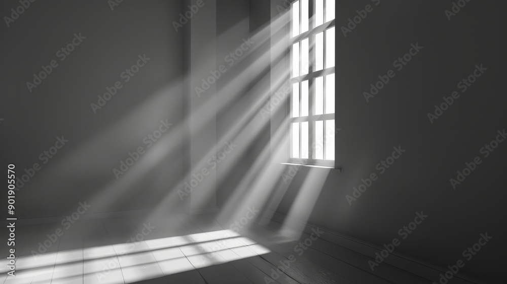 Wall mural A minimalist image of a single window with sunlight streaming through it, illuminating a room with a wood floor.  The image evokes feelings of hope, new beginnings, and a sense of space.