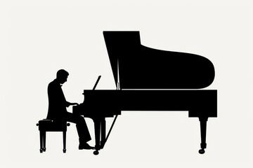 Silhouette of a Classical Male Pianist Performing on a Grand Piano, Isolated on White.