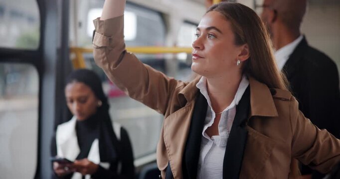 Woman, commute and travel on bus for business, watch and time management for work employee. Public transportation and journey with female worker, morning routine and metro trip in urban down