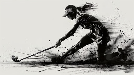 Black and white image of a female floorball player sliding on her knee and shooting the ball