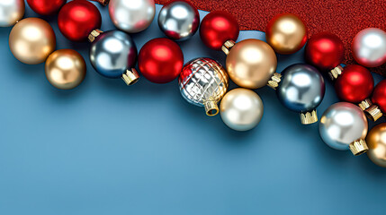 Colorful assortment of presents and ornaments are scattered across blue background.