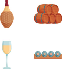 Vector illustration set featuring elements related to wine including a bottle, barrels, glass, and holder