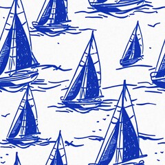 Coastal sail boat in azure ocean blue seamless background, Modern sailing race boat block print for decorative coast interior furnishing fabric . Rustic linen beach cottage trend tile. 