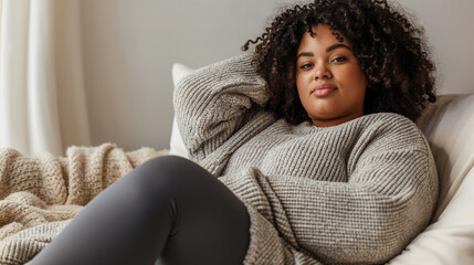 Chubby black woman wearing leggings and a sweater relaxing on the sofa, with her head resting in one hand. She has curly hair.  light gray background, relaxation concept 