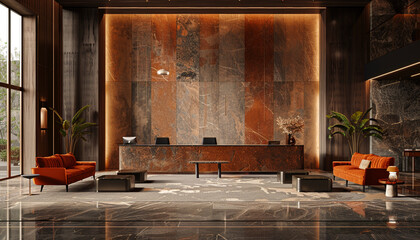 Modern luxury hotel lobby with artistic elements