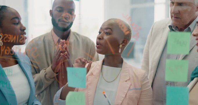 Meeting, planning and sticky notes on glass in the office with a diversity business team planning strategy. Teamwork, collaboration and coaching with a black woman leader teaching her staff at work