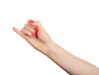 Pinky finger raised in a gesture of communication. Isolated on white background, closeup of a womans hand with elegant red polish. Delicate design highlighting body language and