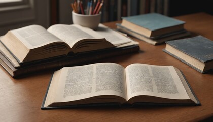 Obraz premium A cozy evening of literary exploration amidst piles of timeless books