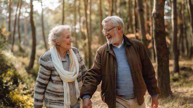 A couple of older people are walking in a forest, holding hands