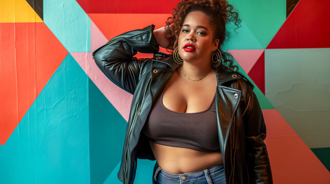 plus size woman with curly hair wearing a leather jacket standing Infront of an abstract colorful background