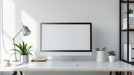 A computer monitor sits on a desk with a potted plant and a keyboard