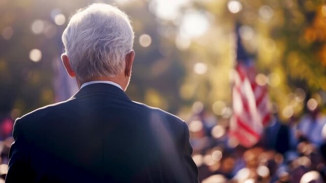 politician speaks with crowd on podium at election campaign rally. public meeting
