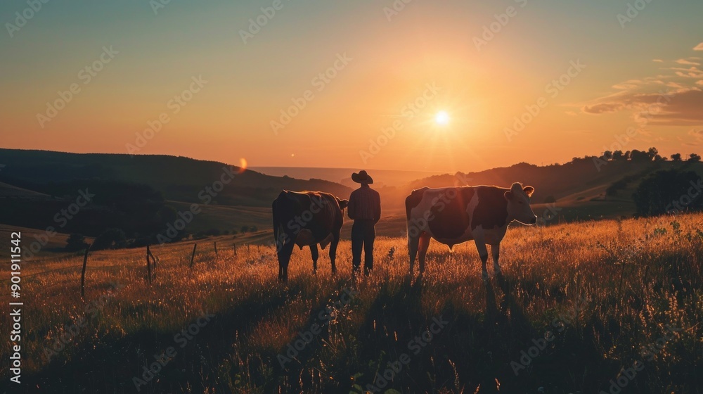 Poster A man stands in a field with two cows