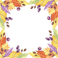 Leaves watercolor clipart frame depicting an arrangement of yellow, orange, and purple leaves and berries forming a square border. Ideal for fall-themed scrapbooking, greeting cards, and invitations