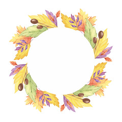 Leaves watercolor clipart wreath featuring vibrant yellow, orange, and purple leaves arranged in a circular frame. Perfect for fall decor, invitations, and seasonal digital designs