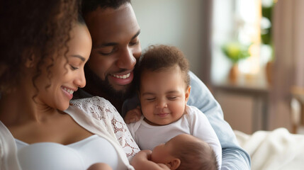 Obraz premium A family of three, a man and two women, are holding a baby