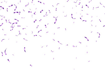 Purple confetti, falling paper ribbons isolated on white background. Birthday party decoration. Vector illustration.