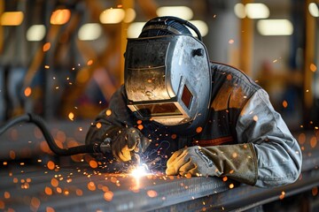close-up shot of a welder in safety gear working on a metal structure at a manufacturing plant. The sparks