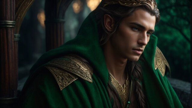 handsome elf dressed in green. handsome elf guy. handsome elf prince. handsome elf boy.  beautiful boy in a green cloak.  beautiful guy in a green cloak.  beautiful man in a green cloak.