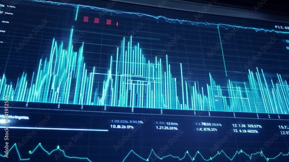 Poster a computer screen displays a variety of stock market data, including a graph showing the fluctuating