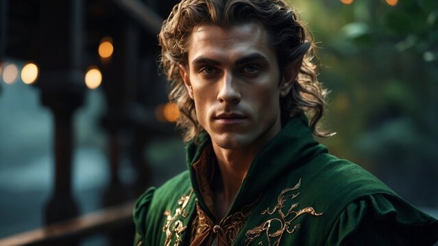 elf dressed in green. handsome elf guy. handsome elf man. handsome green wizard. handsome prince. prince in green. beautiful guy in green. handsome boy in green. beautiful boy in a green cloak.  