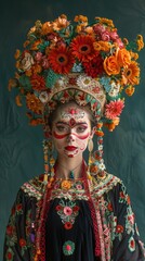 Young woman posing wearing traditional mexican outfit and floral headdress for day of the dead celebration