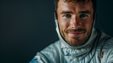 Smiling fencer poses confidently while preparing for a match outdoors