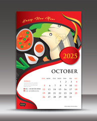 Calendar 2025 template food concept vector, October template, Desk Calendar 2025 vector design, Wall calendar 2025 year, printing media, poster, brochure flyer vector, red background