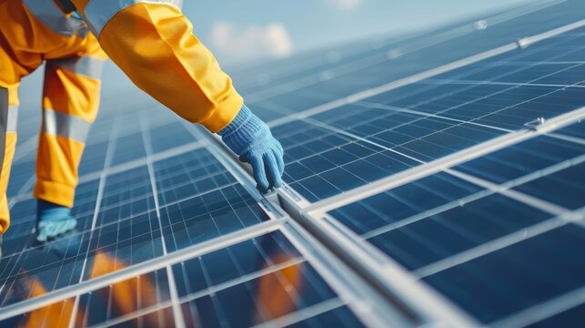 A field of solar panels with a maintenance worker inspecting the equipment, under a clear sky, with copy space, high-resolution photo, hyper realistic
